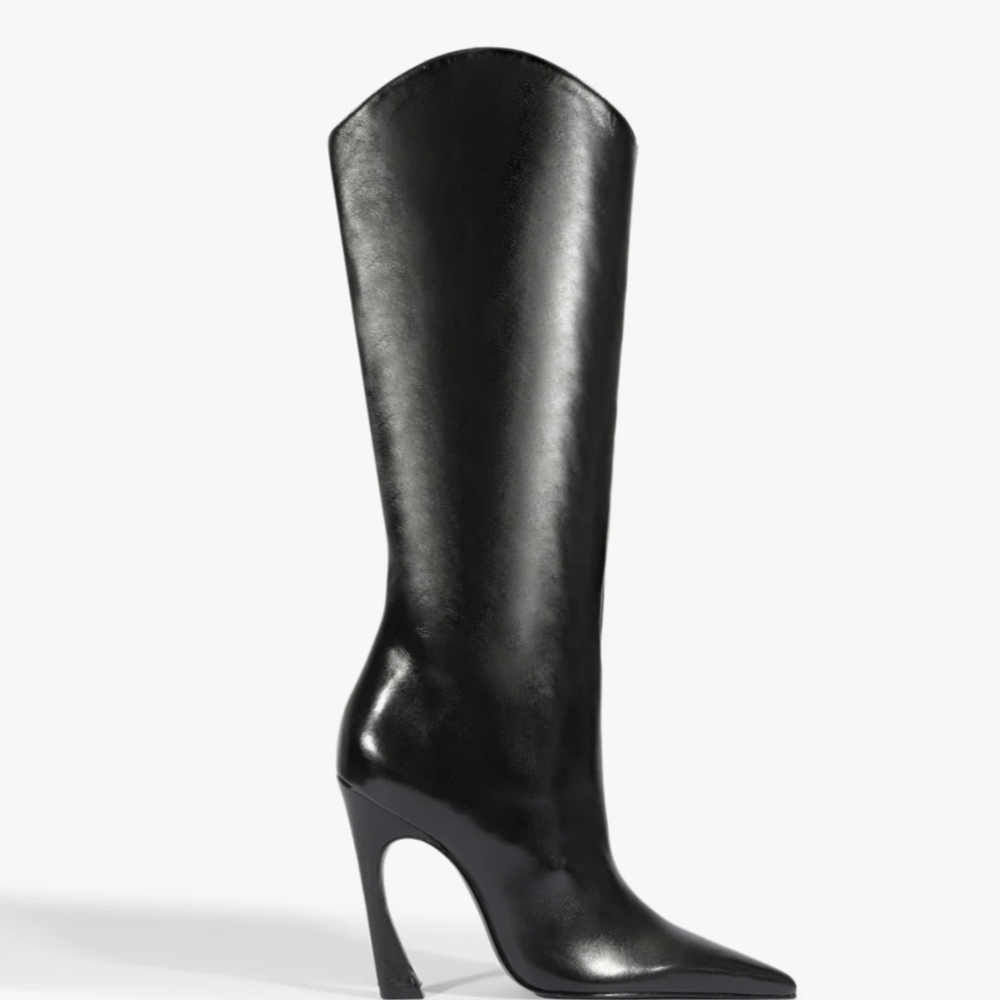 SCHUTZ Black Leather Knee-High Heeled Boots | Pointed Toe | Size 8.5